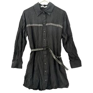 ZARA Shirt Dress Womens Small Black Studded Embellished Belted Long Sleeve Tunic